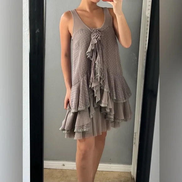 Gray rosette tiered ruffle mesh mini dress M fairycore coquette brunch soft girl - Picture 7 of 16